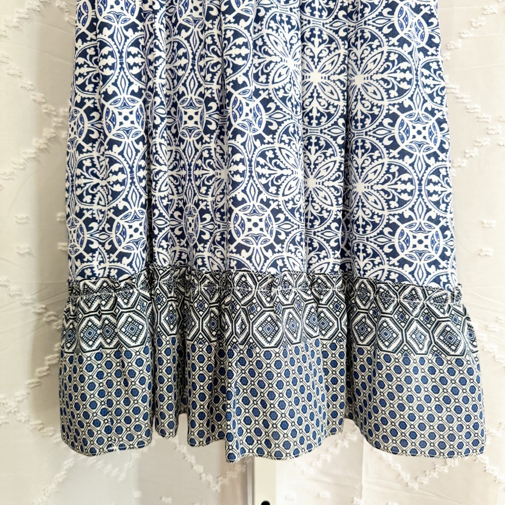 💎 ⭐️ 122. Shoshanna Blue White Silk Dress Size 10 Smocked Collar Elastic Waist - Picture 6 of 11